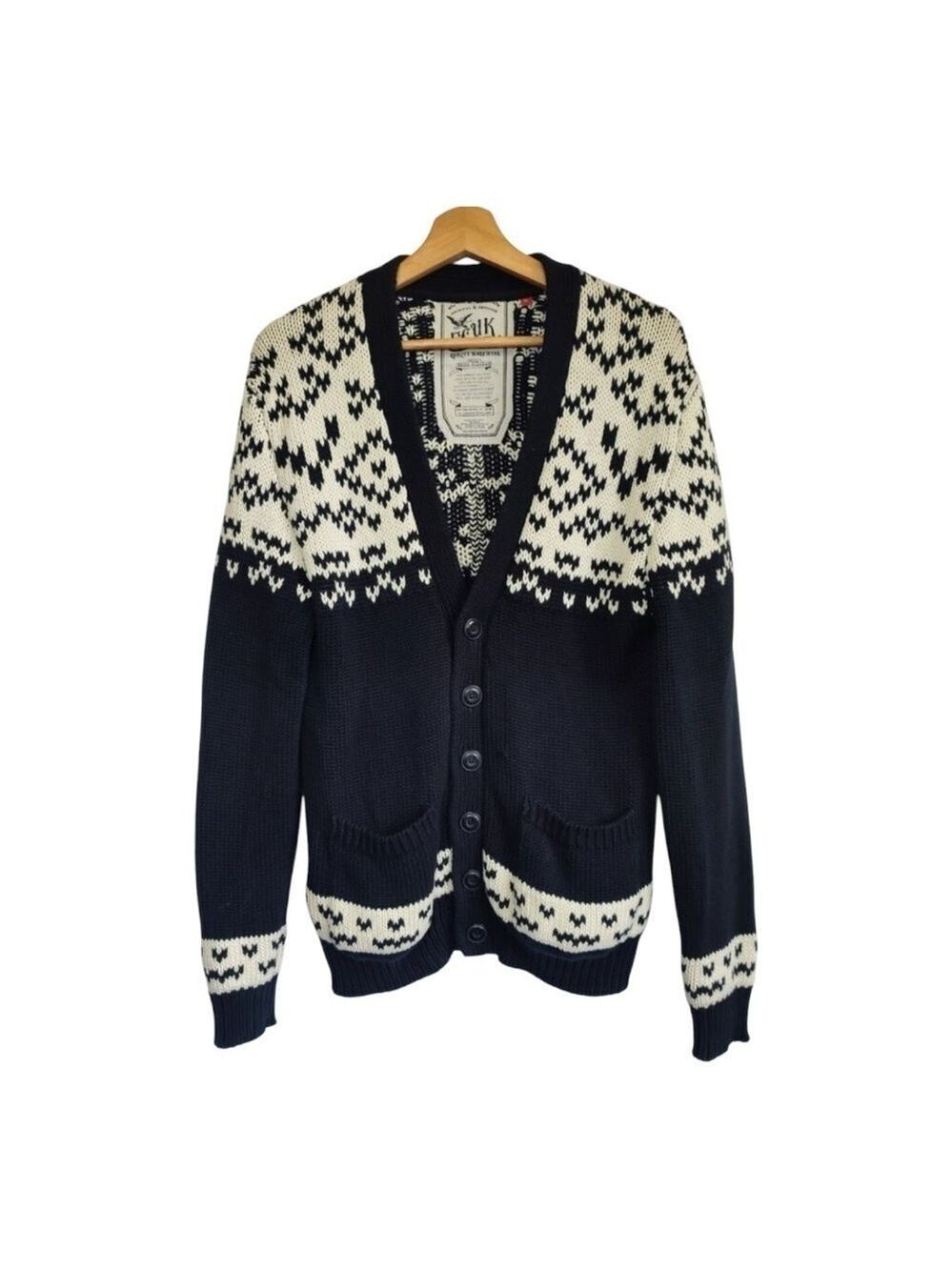 FCUK Cotton Fair Isle Cardigan V-neck Loose Fitting  Front patch pockets Small
